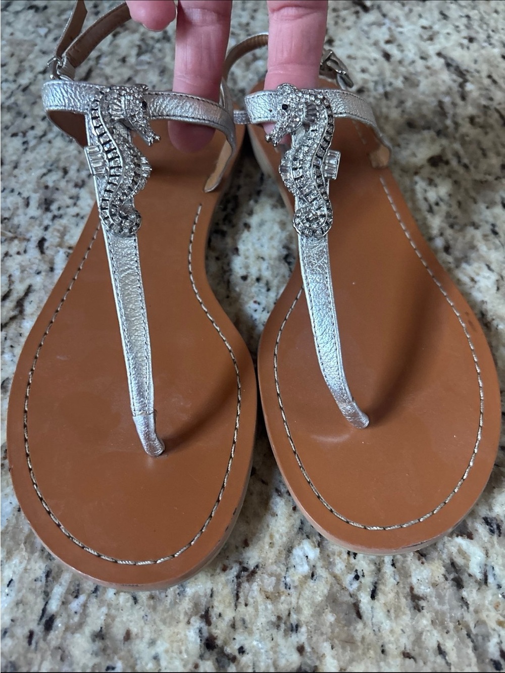 ANTONIO MELANI Silver T-Strap Sandals with Rhinestone Seahorse Accent